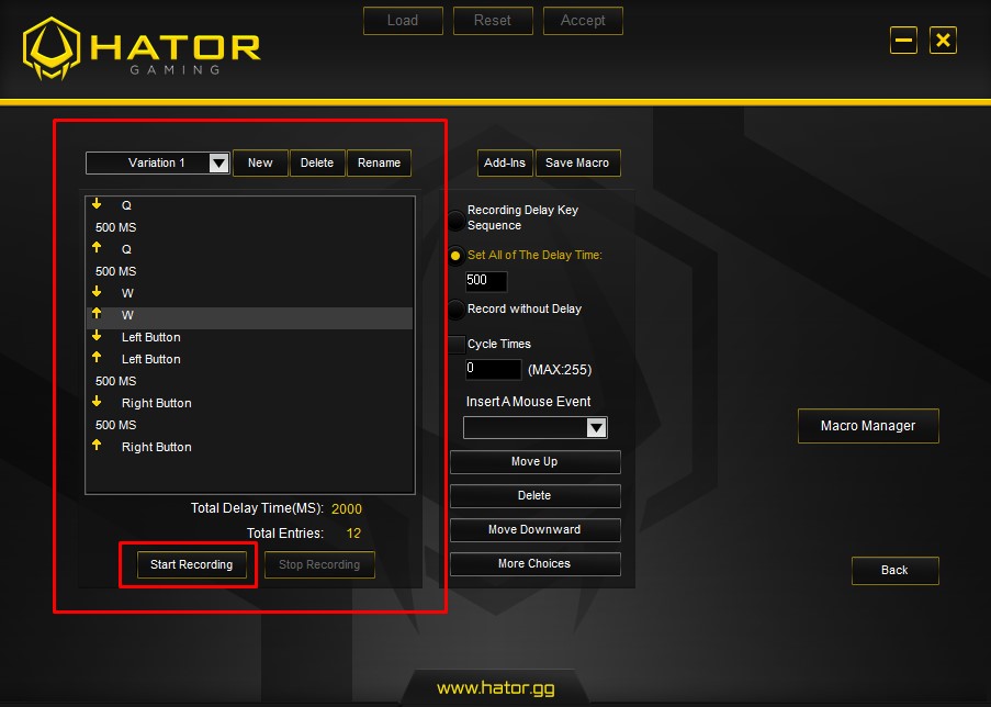 Recording a macro in HATOR Gaming Software